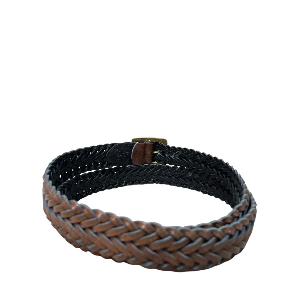 Mens Brown Braided Split Leather Belt Brass Buckle Size 42 Woven Classic Casual